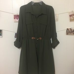 Dark green elastic waist casual dress